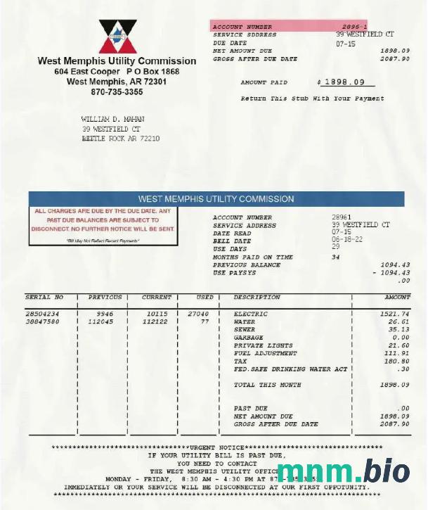 USA WEST MEMPHIS UTILITY COMMISSION rachunek za media Word i PDF template